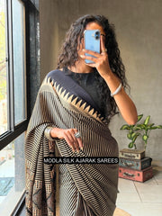 Black beige modal silk ajrakh printed saree with geometric stripes heritage pallu tassel detailing