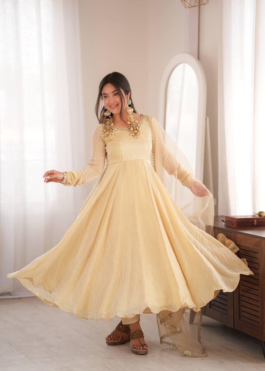 Elegant cream gold anarkali suit set with lace trimmed dupatta mameraa