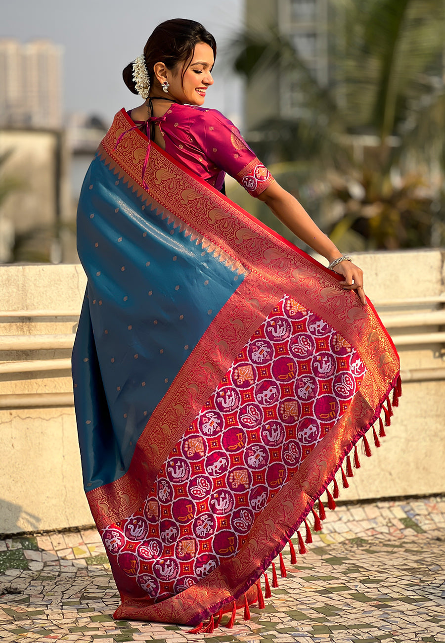 Blue pure tissue zari woven patola saree with contrast weaves