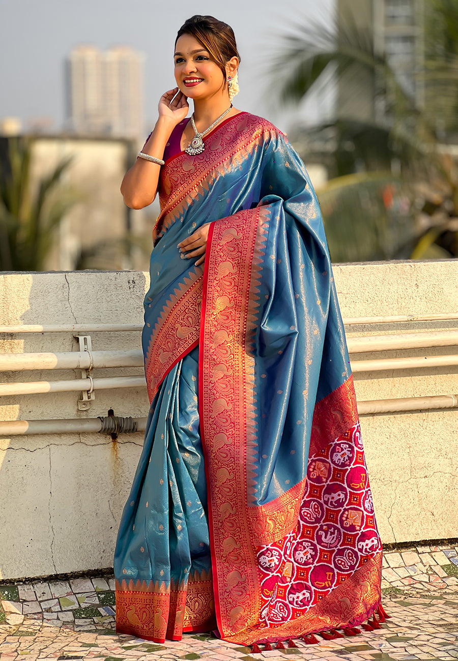 Blue pure tissue zari woven patola saree with contrast weaves