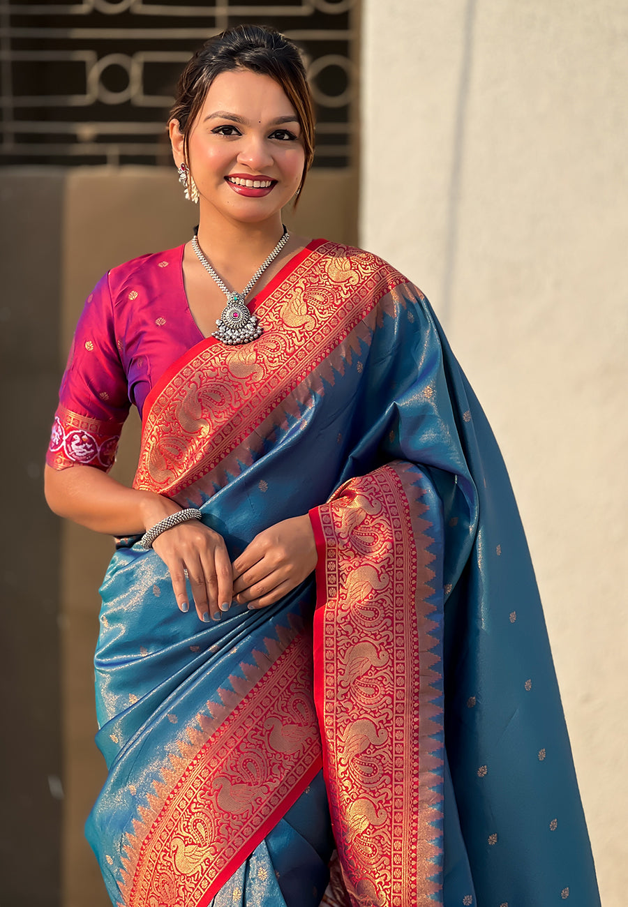 Blue pure tissue zari woven patola saree with contrast weaves
