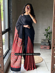 Black red modal silk ajrakh printed saree with heritage border traditional pallu tassel detailing mameraa