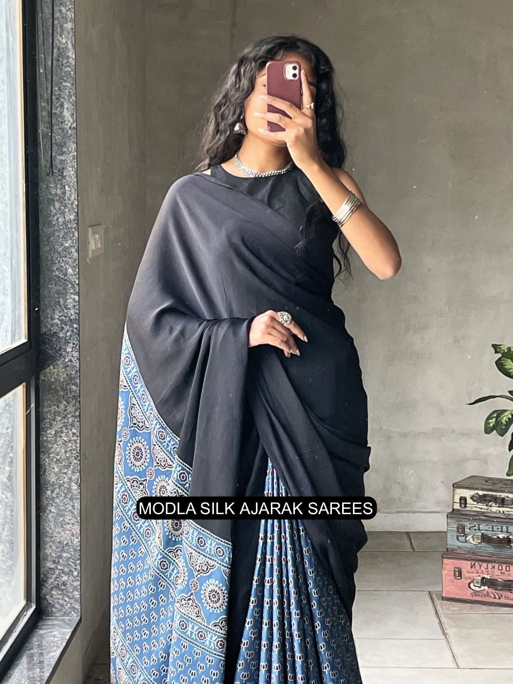 Black indigo blue modal silk ajrakh saree with heritage printed pallu traditional motifs tassel detailing