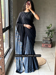 Black indigo blue modal silk ajrakh saree with heritage printed pallu traditional motifs tassel detailing mameraa