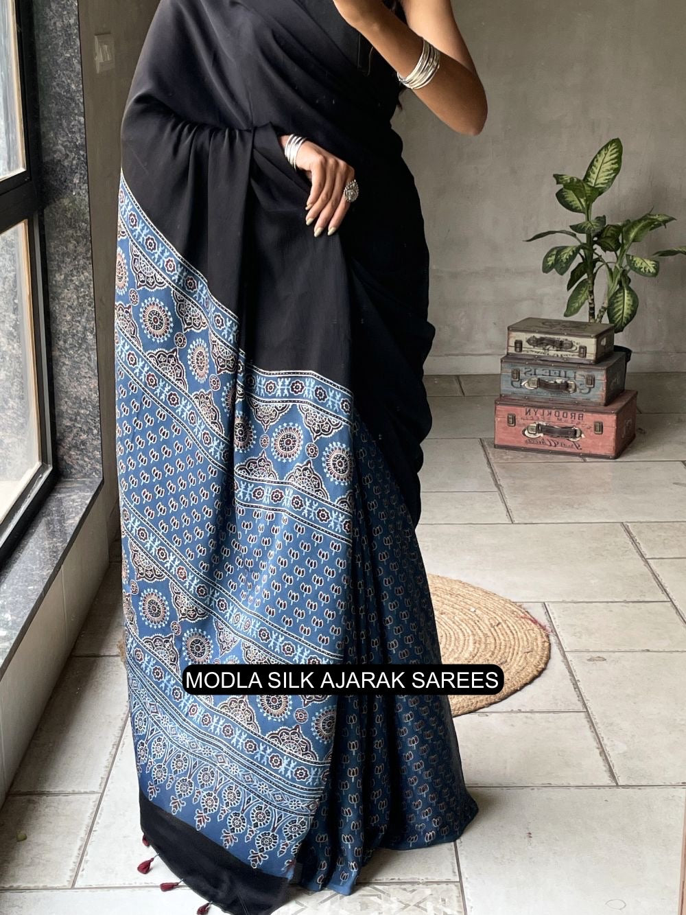 Black indigo blue modal silk ajrakh saree with heritage printed pallu traditional motifs tassel detailing