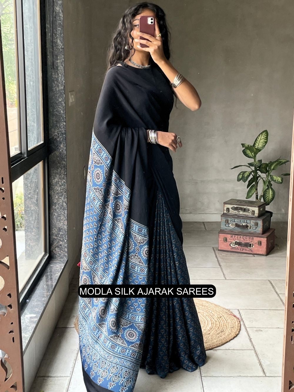 Black indigo blue modal silk ajrakh saree with heritage printed pallu traditional motifs tassel detailing