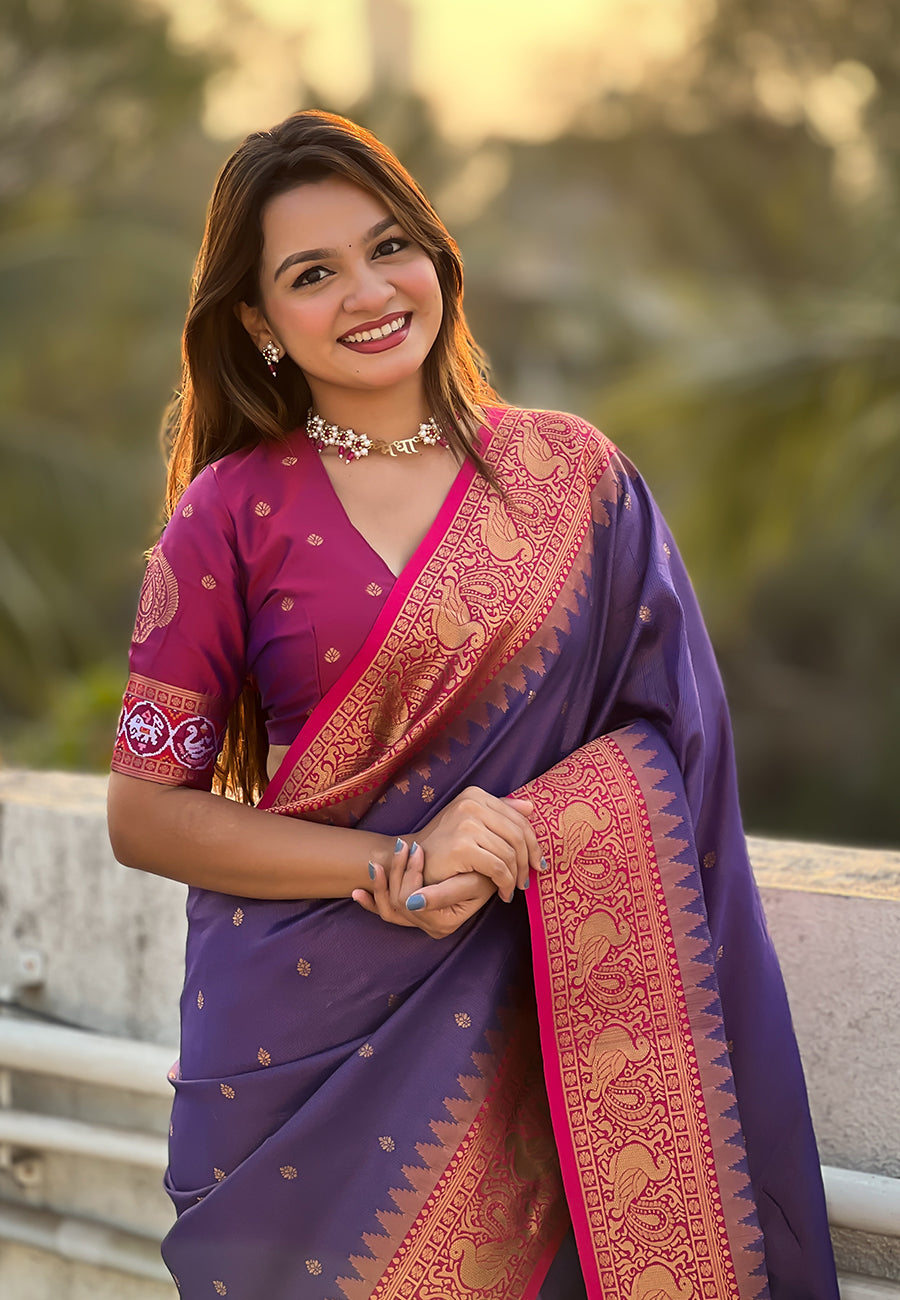 Violet pure tissue zari woven patola saree with contrast weaves