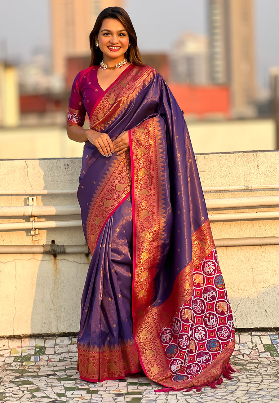Violet pure tissue zari woven patola saree with contrast weaves