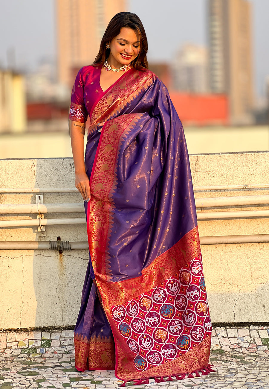 Violet pure tissue zari woven patola saree with contrast weaves