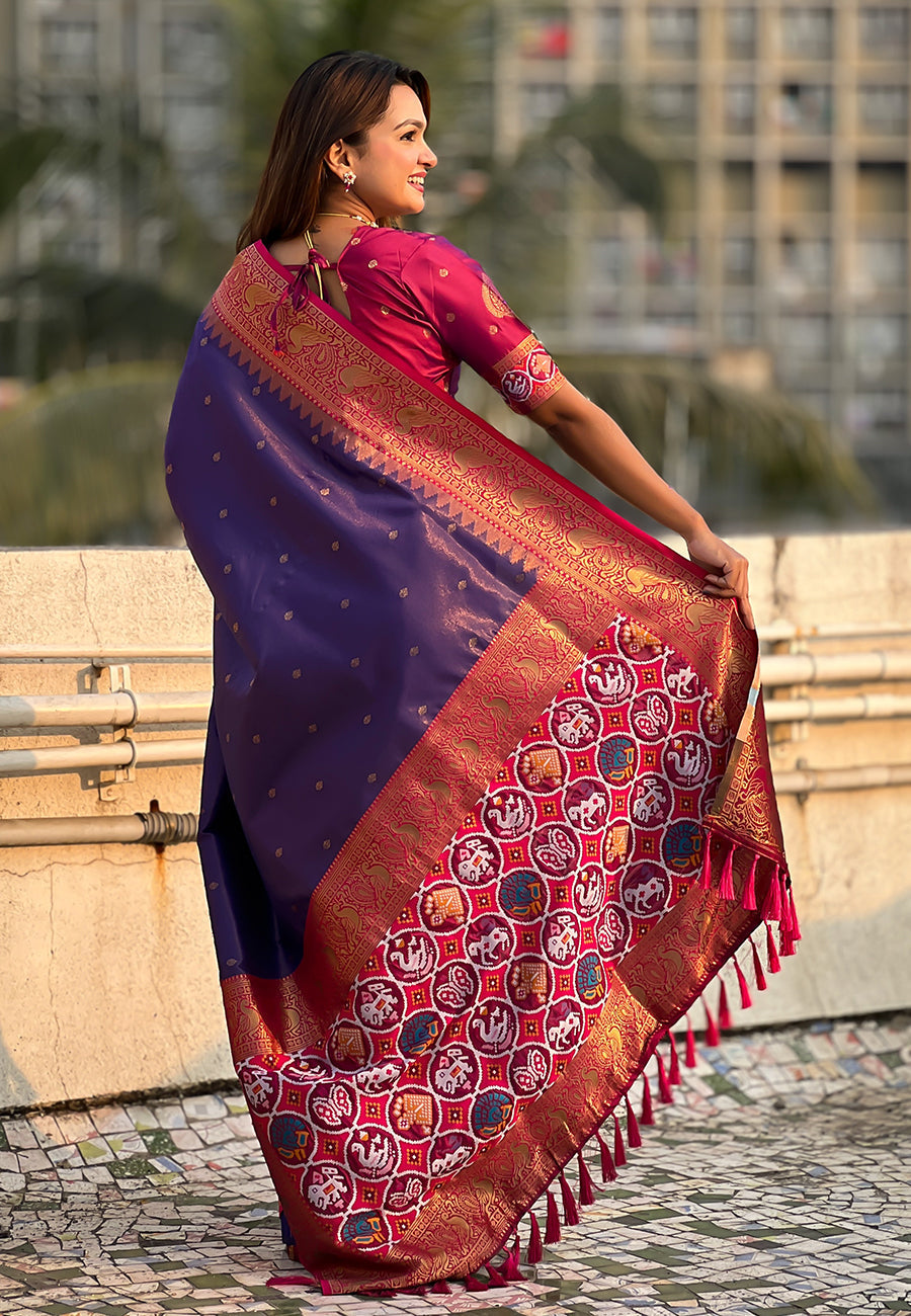 Violet pure tissue zari woven patola saree with contrast weaves