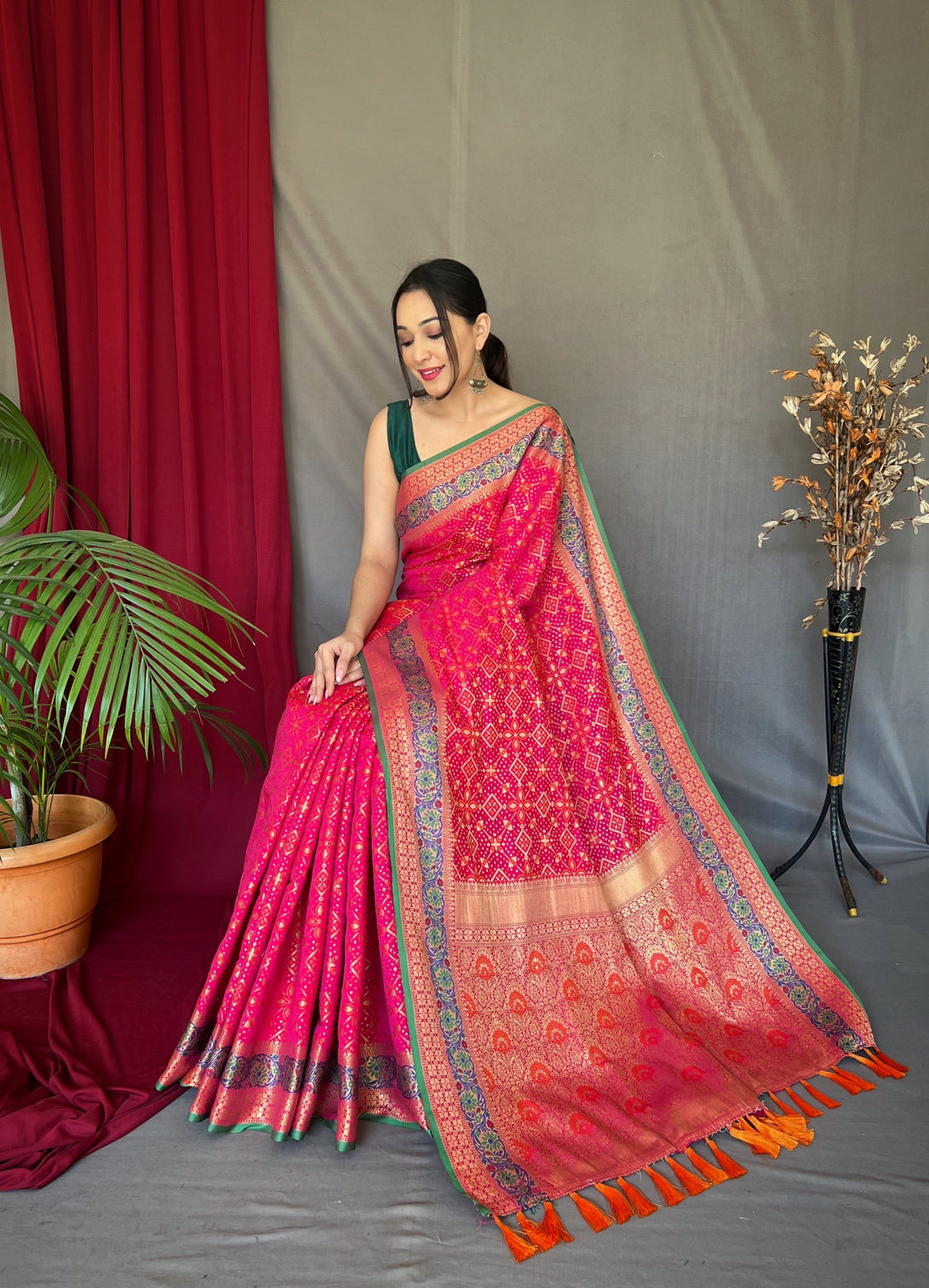 Pink Saree in Bandhej Patola Silk Woven