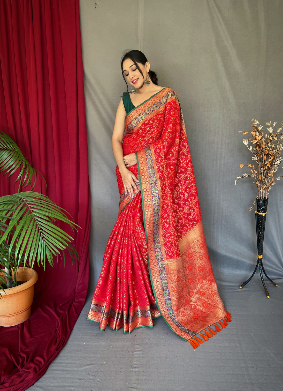 Red Saree in Bandhej Patola Silk Woven
