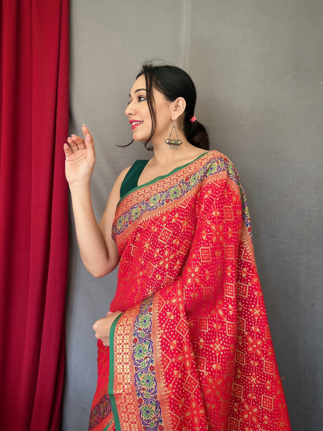 Red Saree in Bandhej Patola Silk Woven