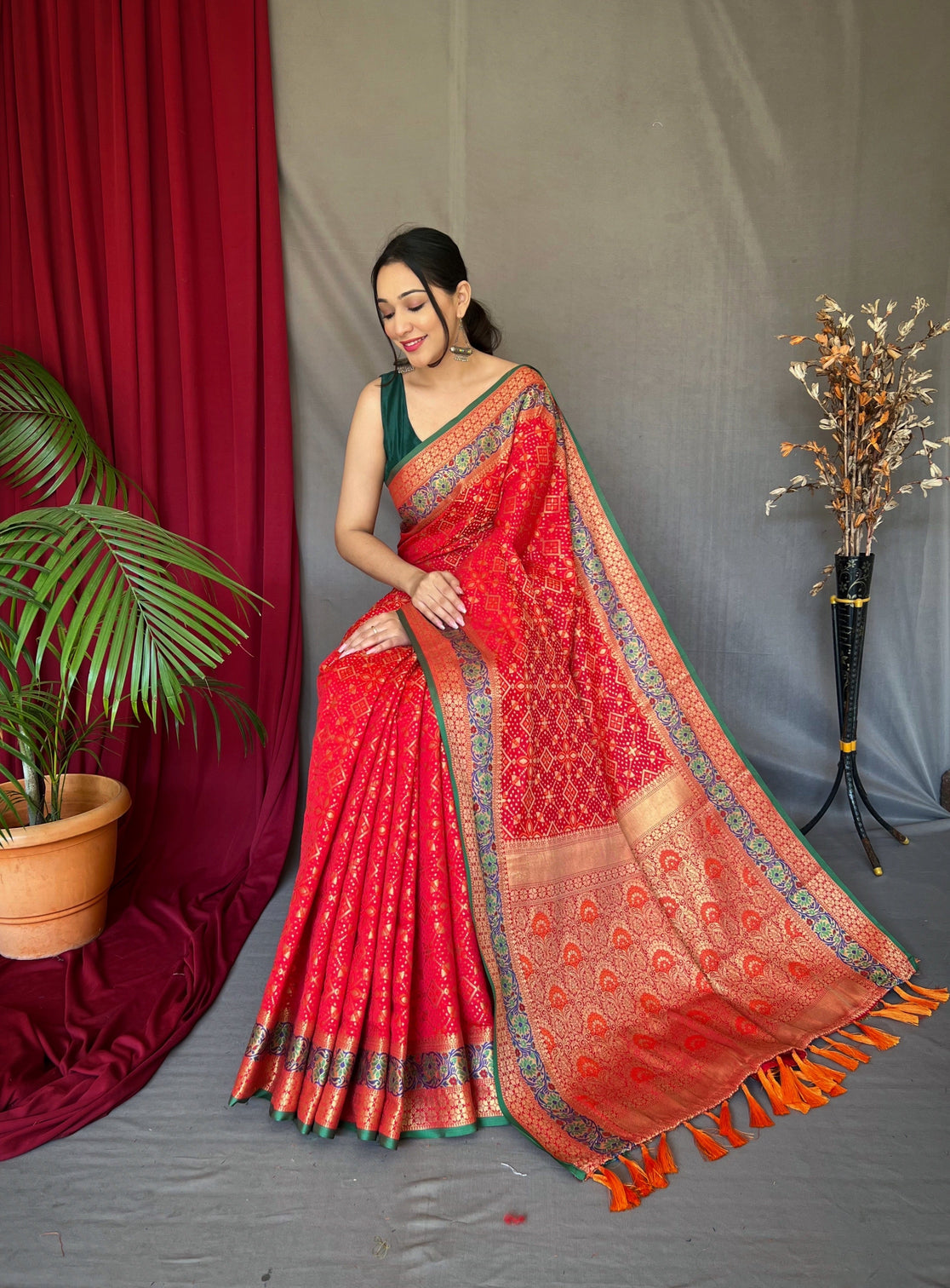 Red Saree in Bandhej Patola Silk Woven