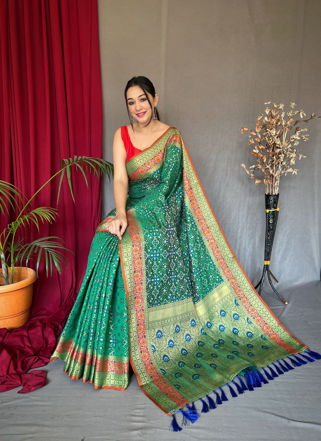 Green Saree in Bandhej Patola Silk Woven