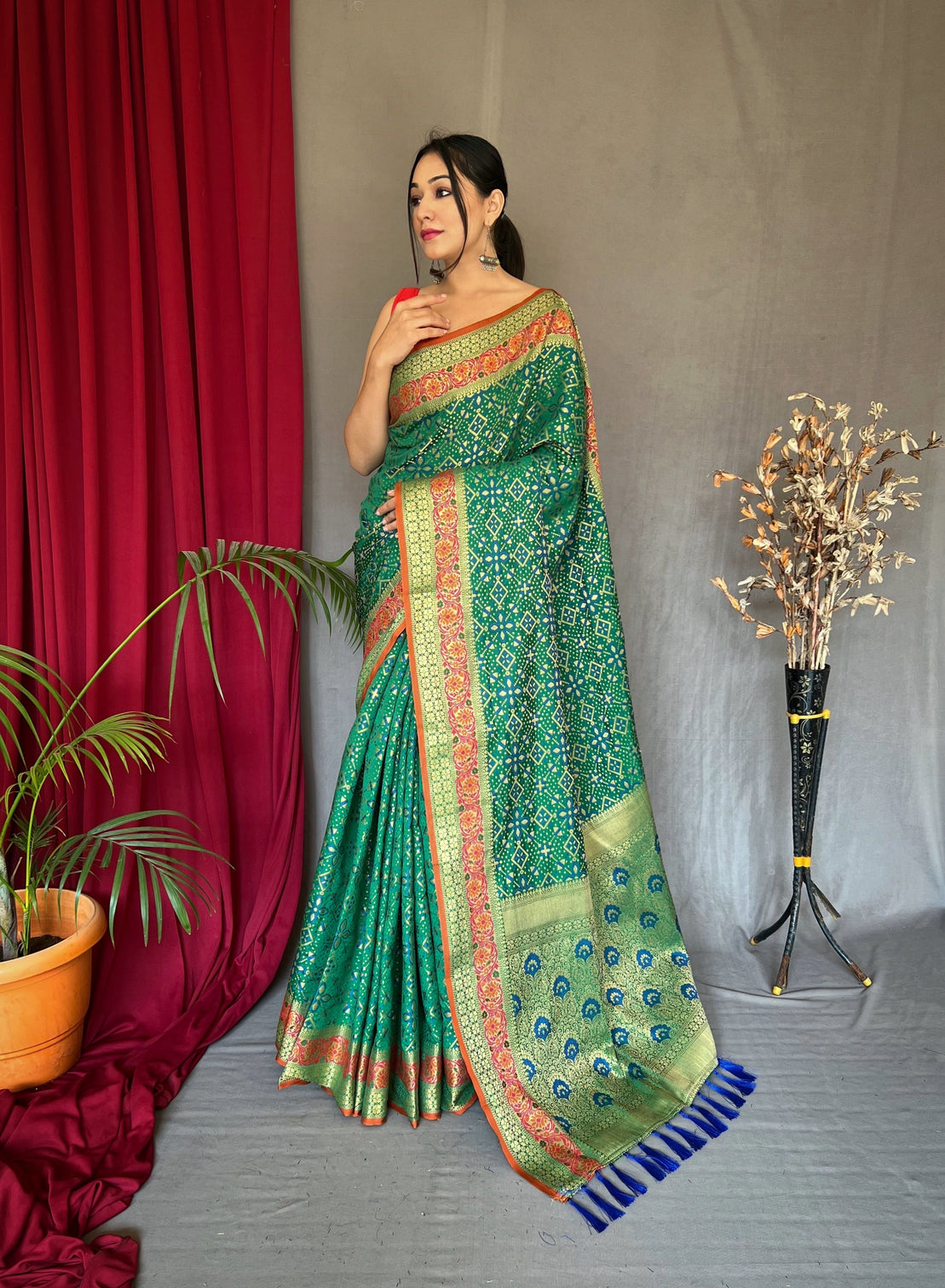 Green Saree in Bandhej Patola Silk Woven
