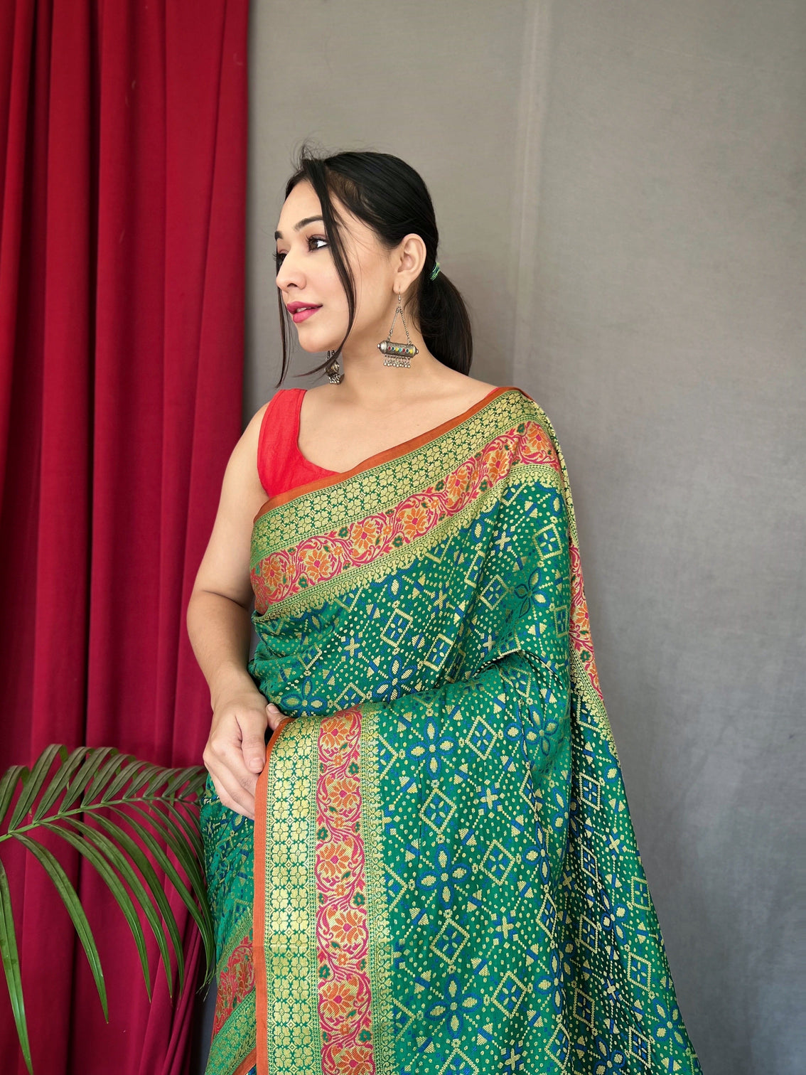 Green Saree in Bandhej Patola Silk Woven