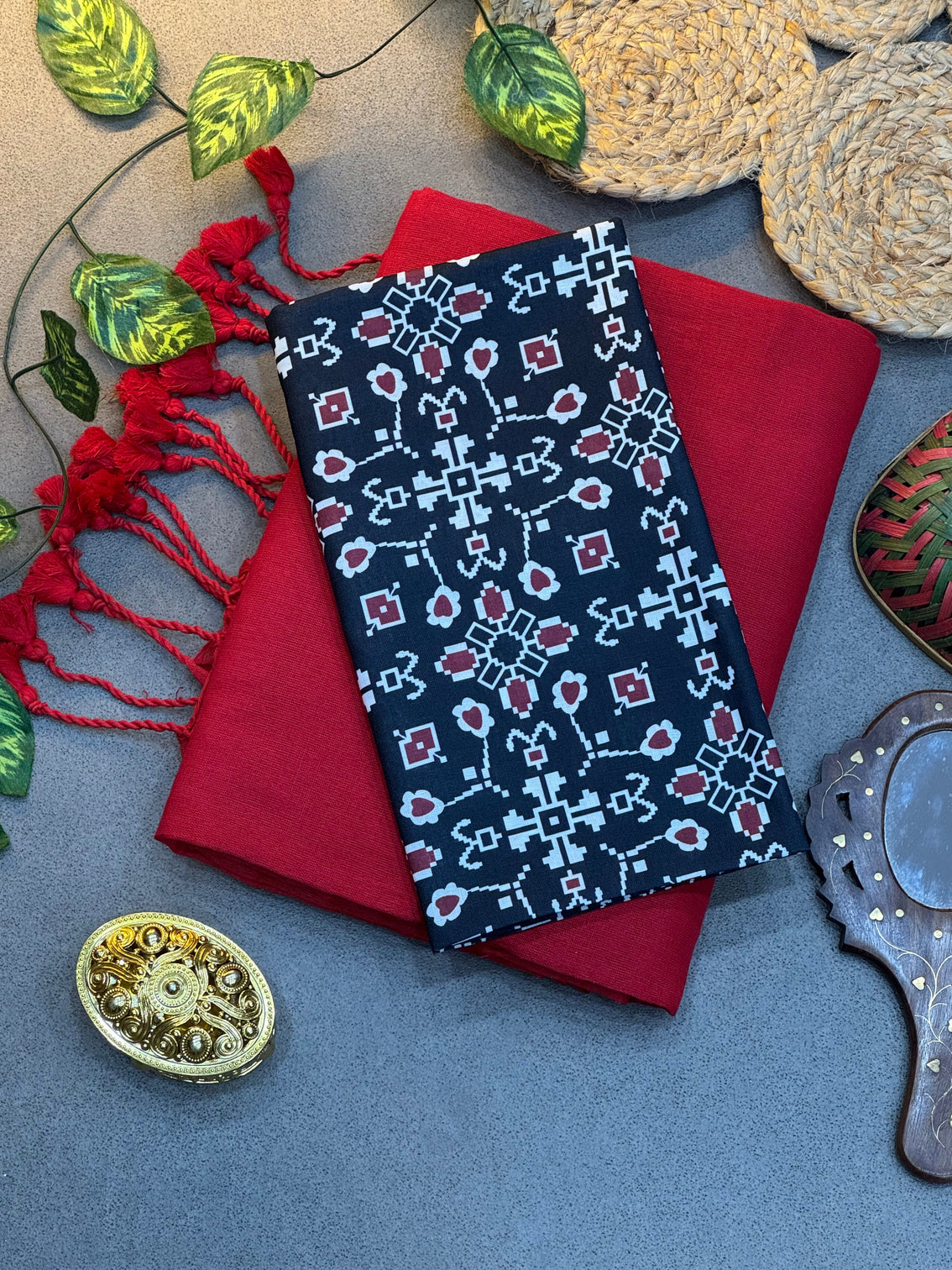 Handwoven bright red khadi cotton saree with black white geometric digital print blouse mameraa