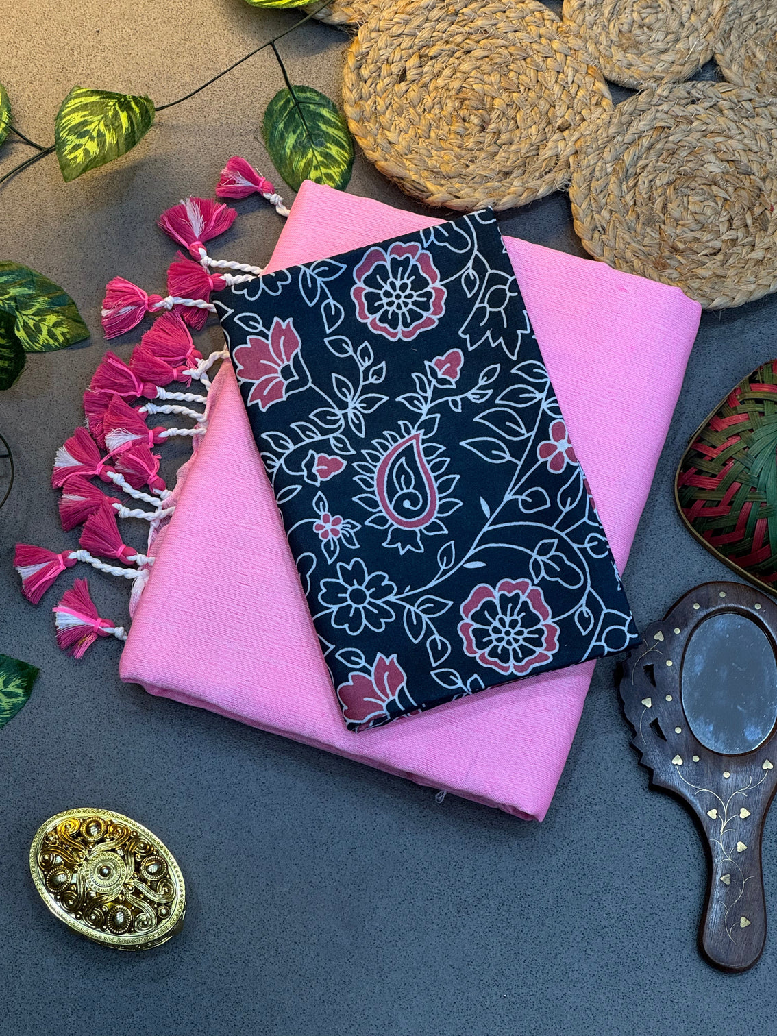 Handwoven baby pink khadi cotton saree with black floral digital print blouse mameraa