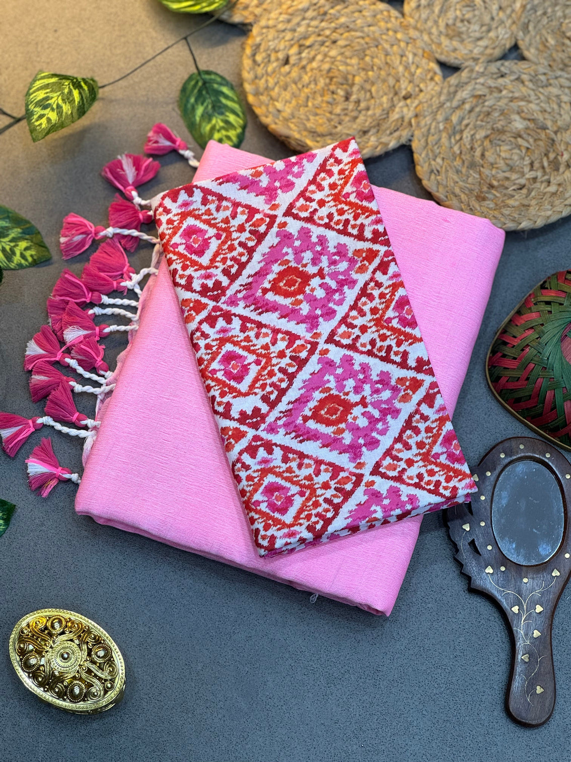 Handwoven khadi cotton saree in baby pink with designer ikat print blouse fabric mameraa
