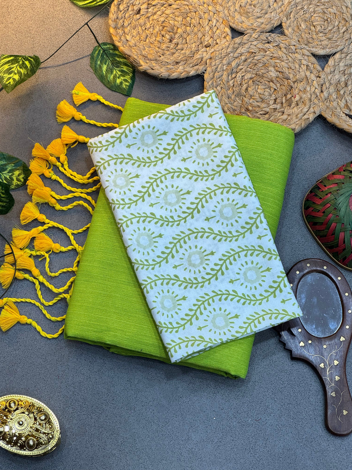 Handwoven lime green khadi cotton saree with white green floral digital print blouse mameraa