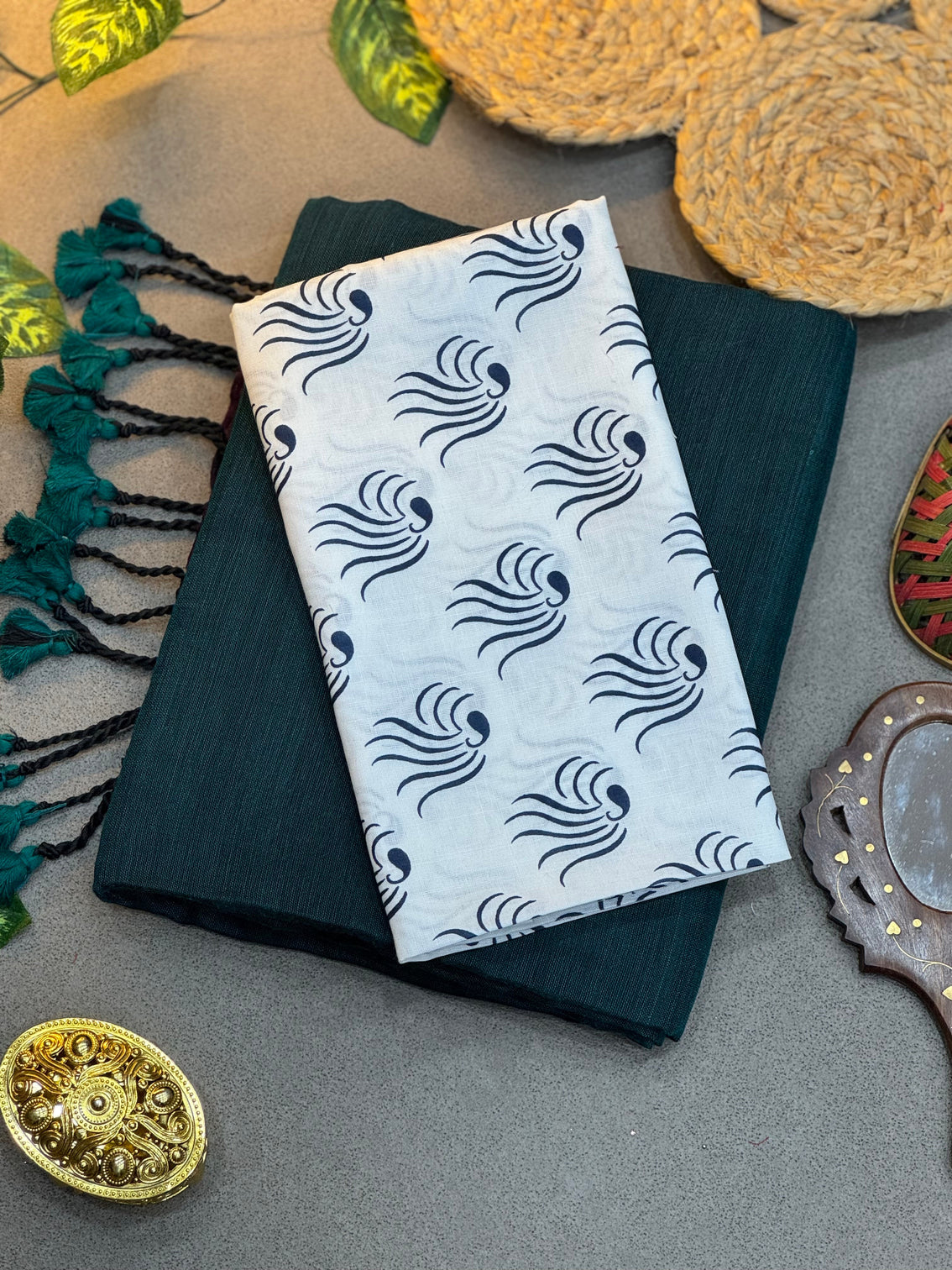 Handwoven bottle green khadi cotton saree with white blue digital print blouse mameraa