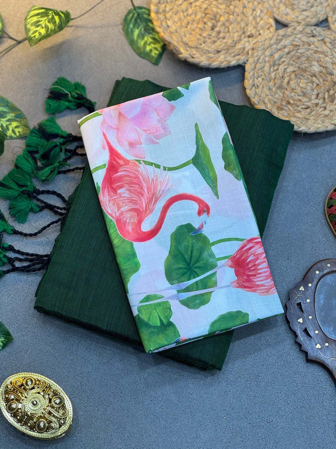 Handwoven bottle green khadi cotton saree with white flamingo lotus digital print blouse mameraa