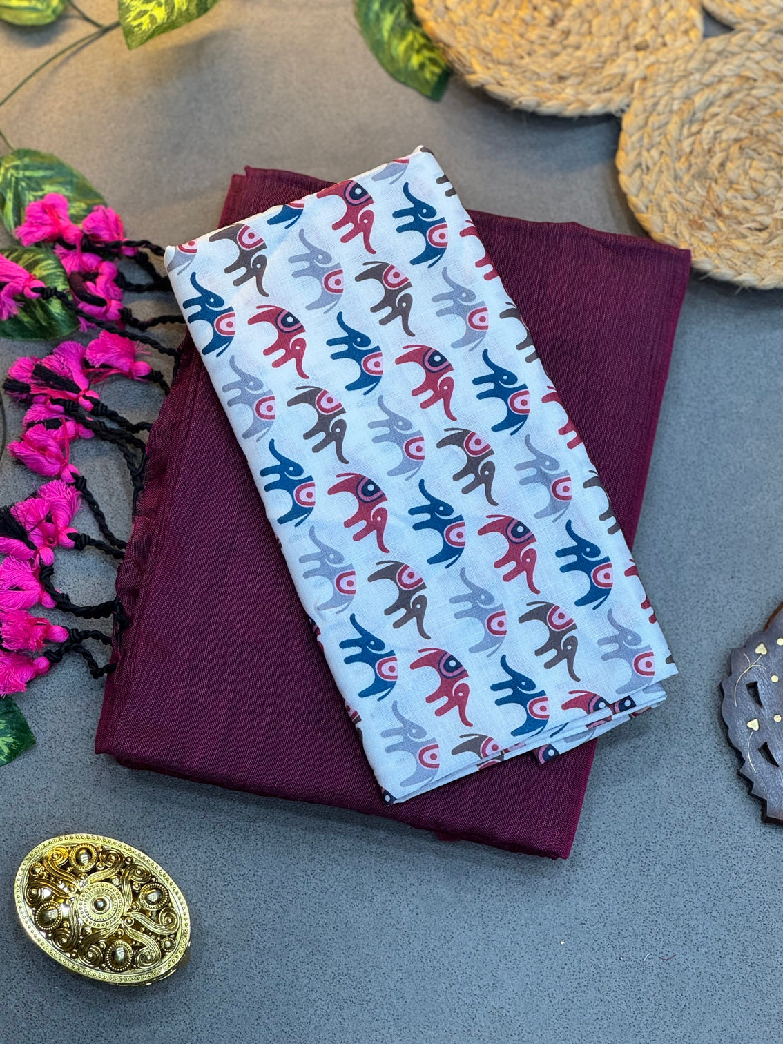 Handwoven wine khadi cotton saree with multicolor elephant digital print blouse mameraa
