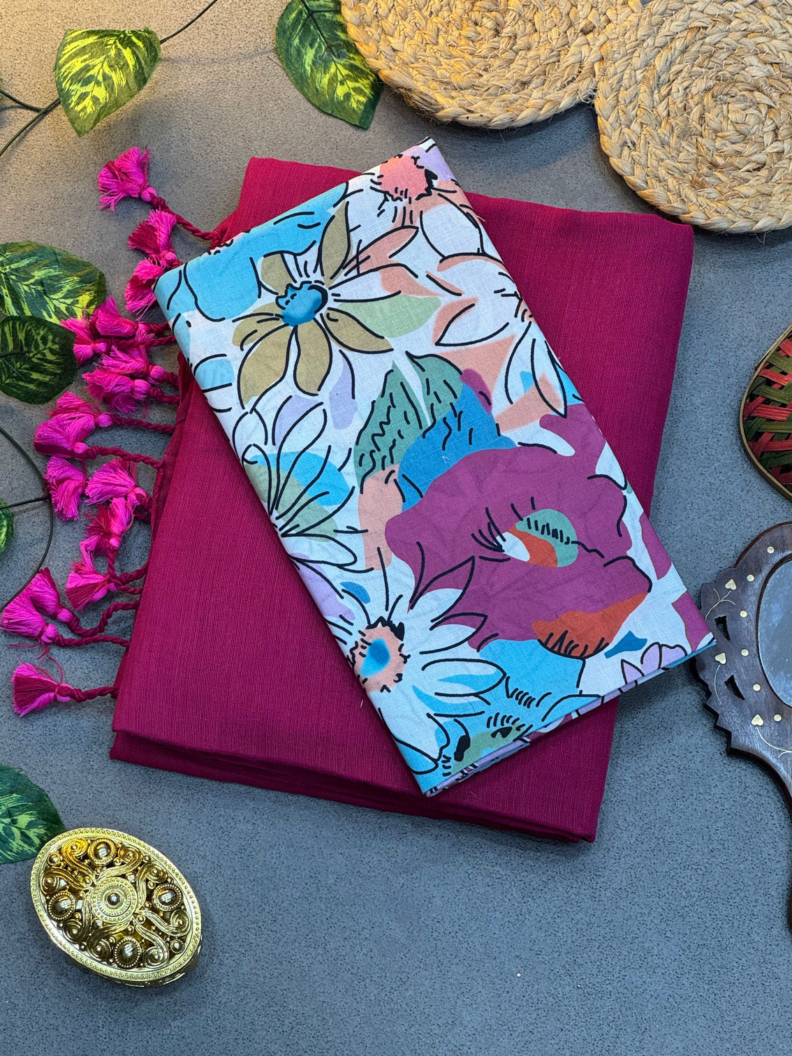 Handwoven wine khadi cotton saree with pink tassels multicolor floral digital print blouse mameraa