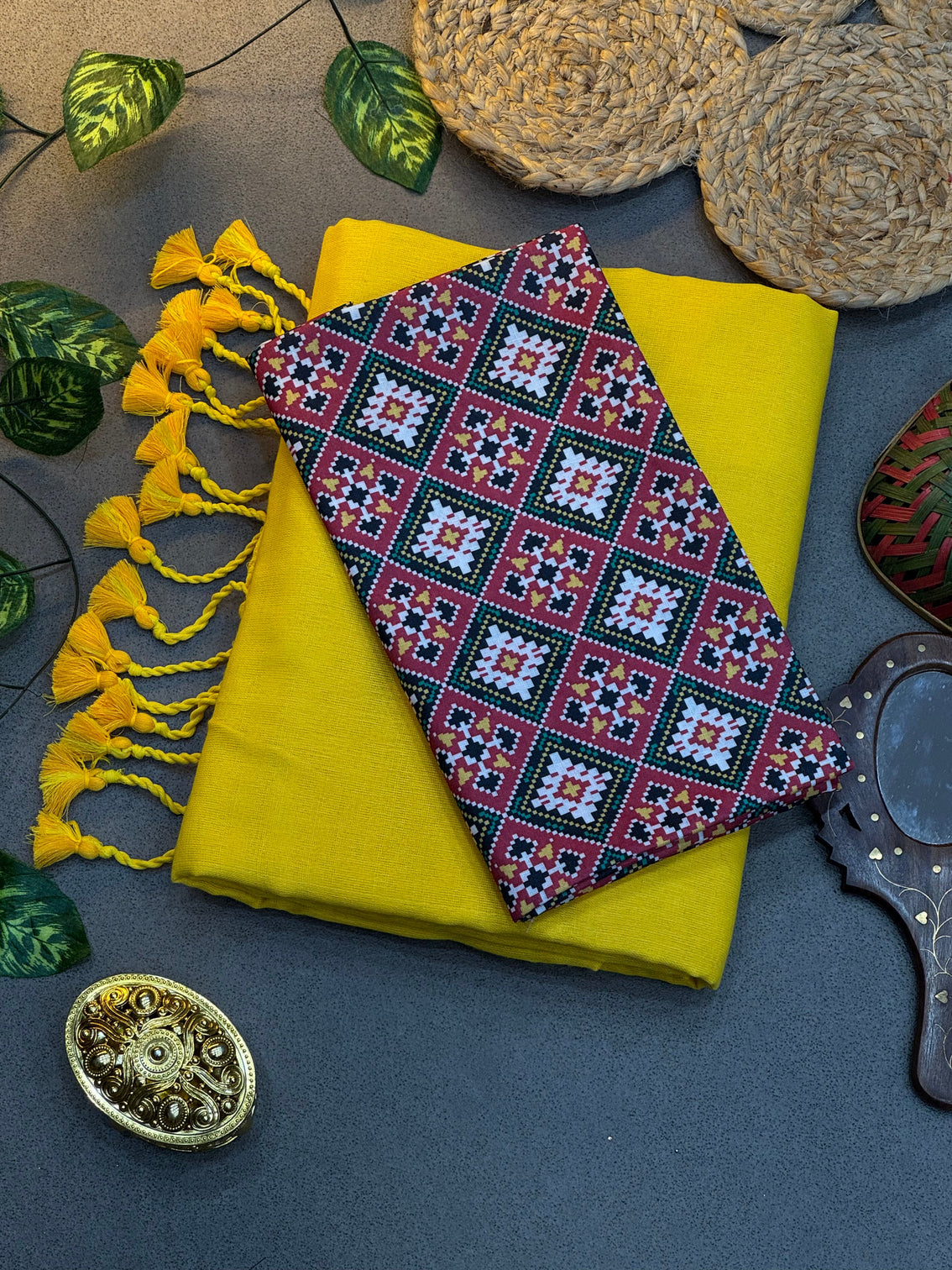 Handwoven yellow khadi cotton saree with decorative tassels traditional geometric digital print blouse mameraa