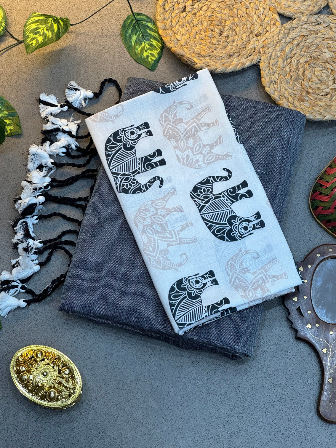 Handwoven charcoal grey khadi cotton saree with black white tassels and elephant motif digital print blouse mameraa