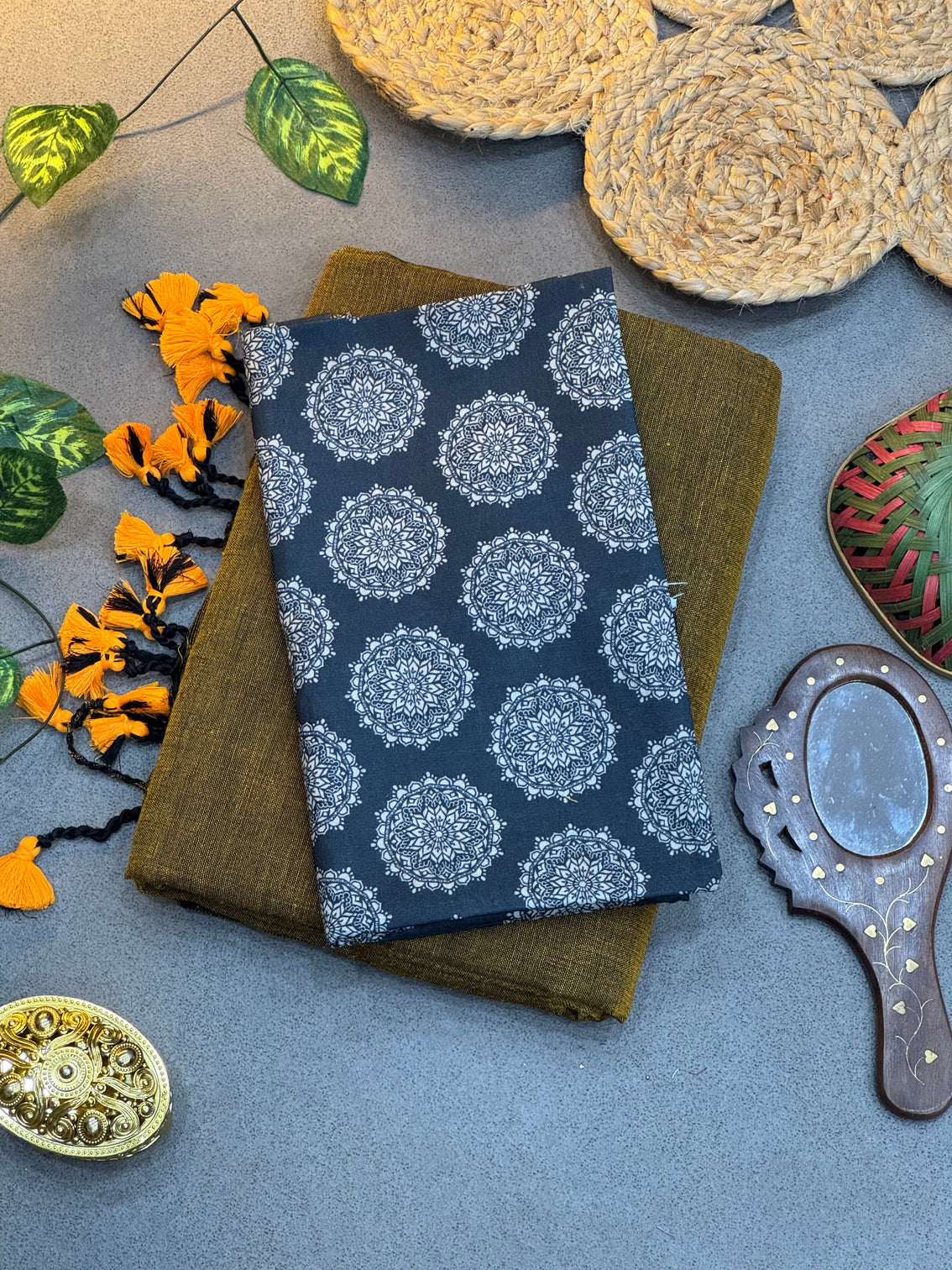 Handwoven olive green khadi cotton saree with navy blue mandala digital print blouse mameraa