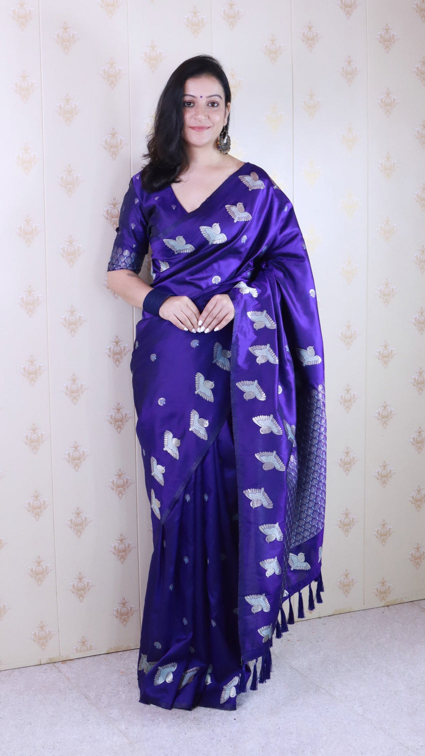 Violet soft silk dual zari woven saree with bird border
