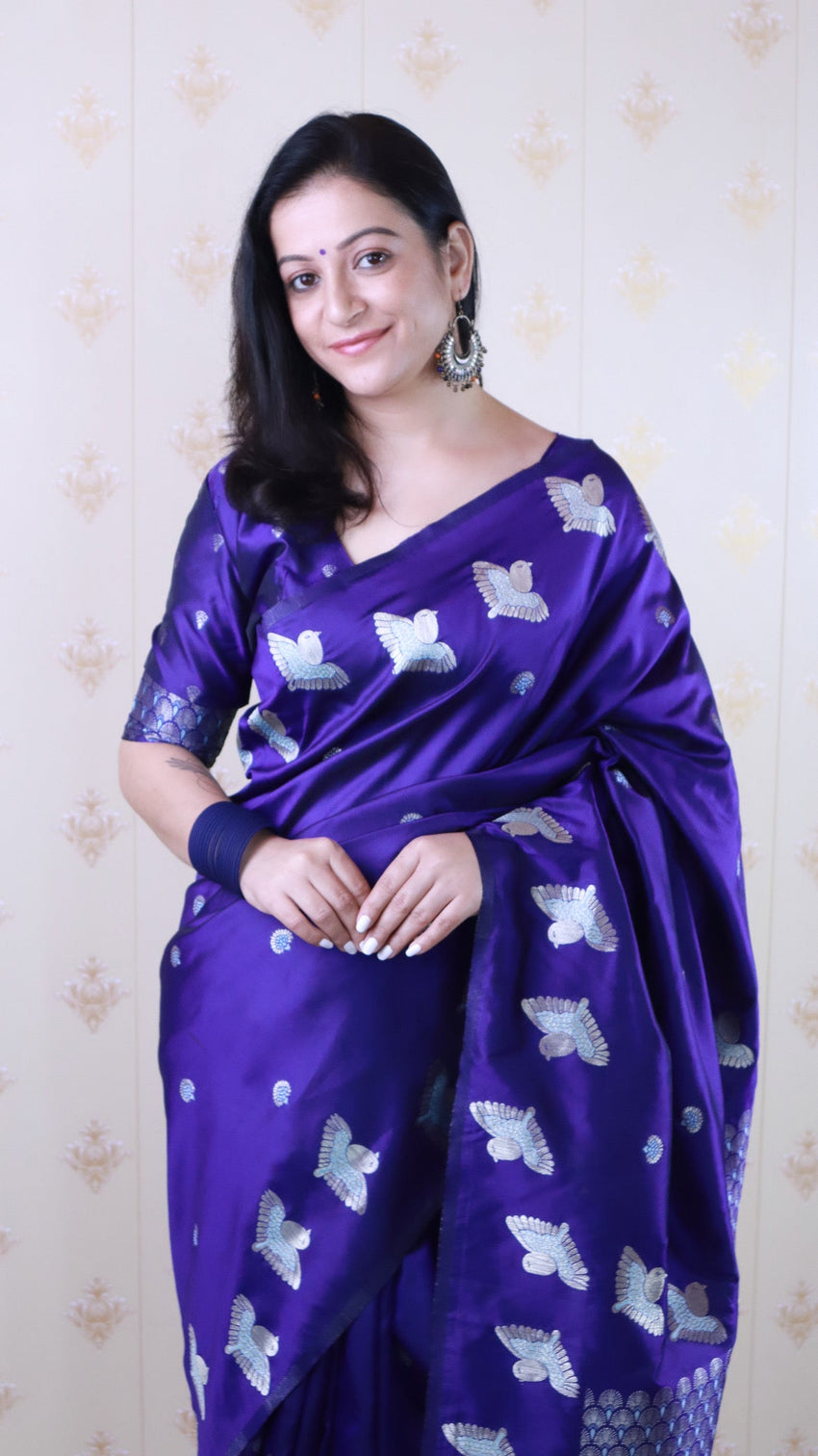 Violet soft silk dual zari woven saree with bird border
