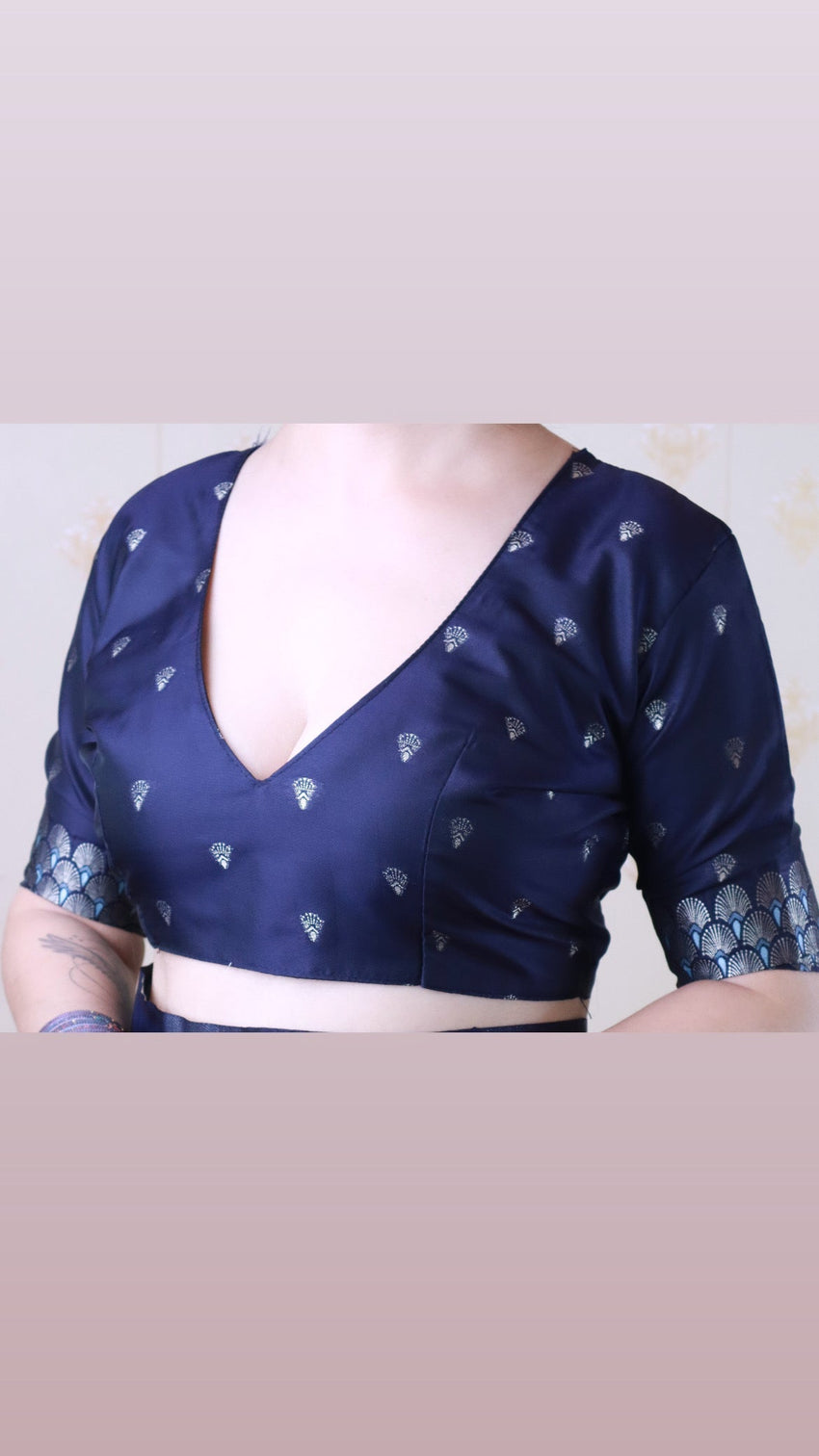 Navy blue soft silk dual zari woven saree with bird border