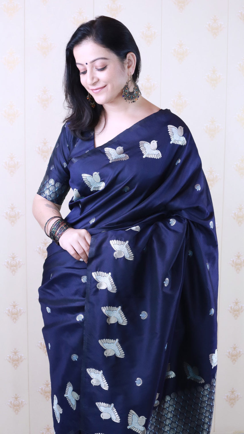Navy blue soft silk dual zari woven saree with bird border