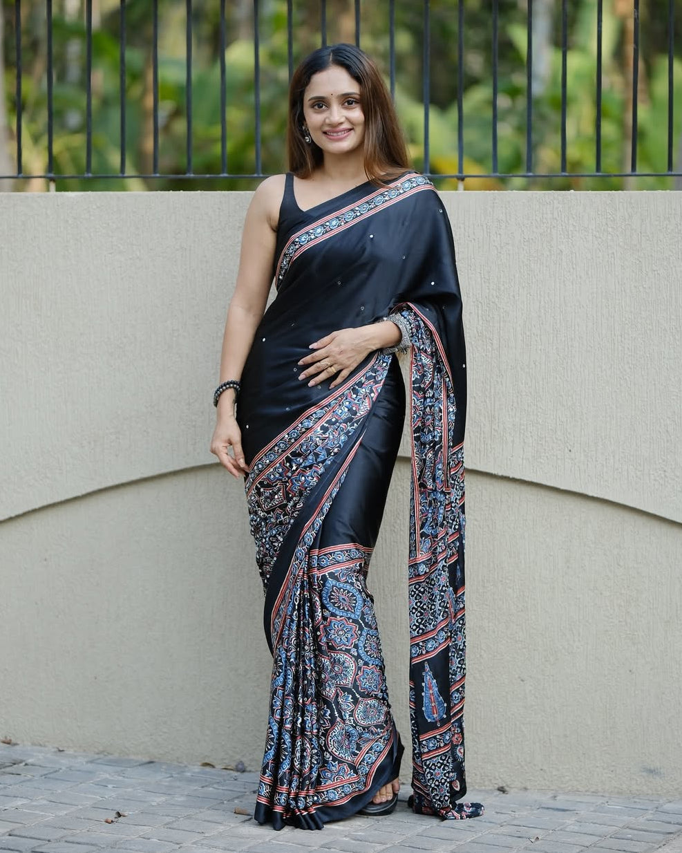 Black ajrakh printed modal silk saree with designer pallu attached blouse traditional ethnic festive office wear saree mameraa