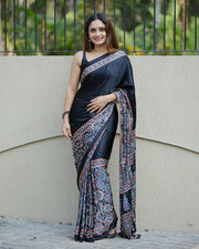 Black ajrakh printed modal silk saree with designer pallu attached blouse traditional ethnic festive office wear saree mameraa