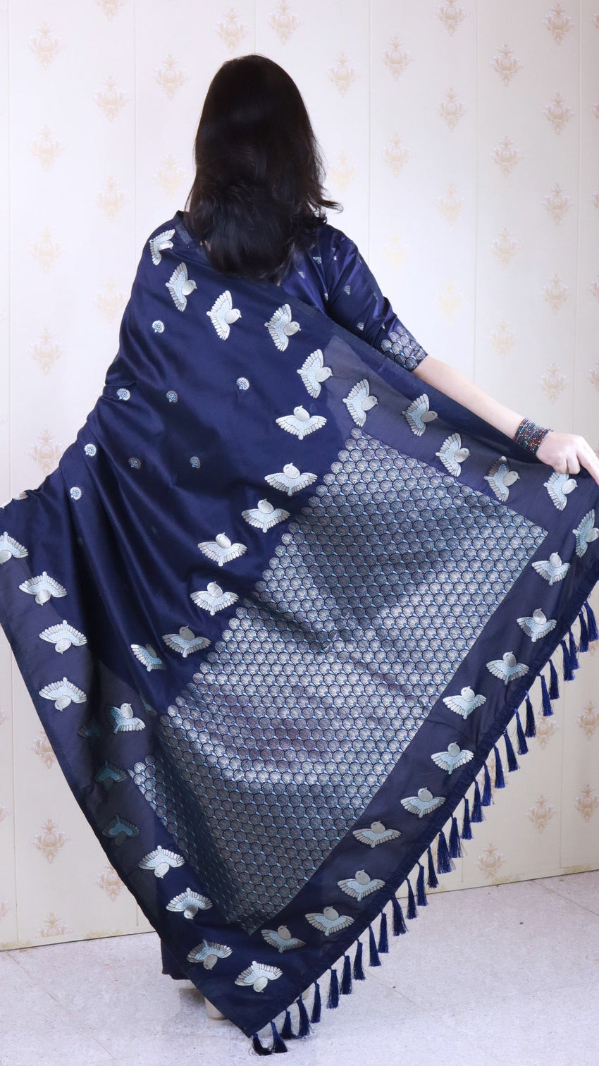 Navy blue soft silk dual zari woven saree with bird border