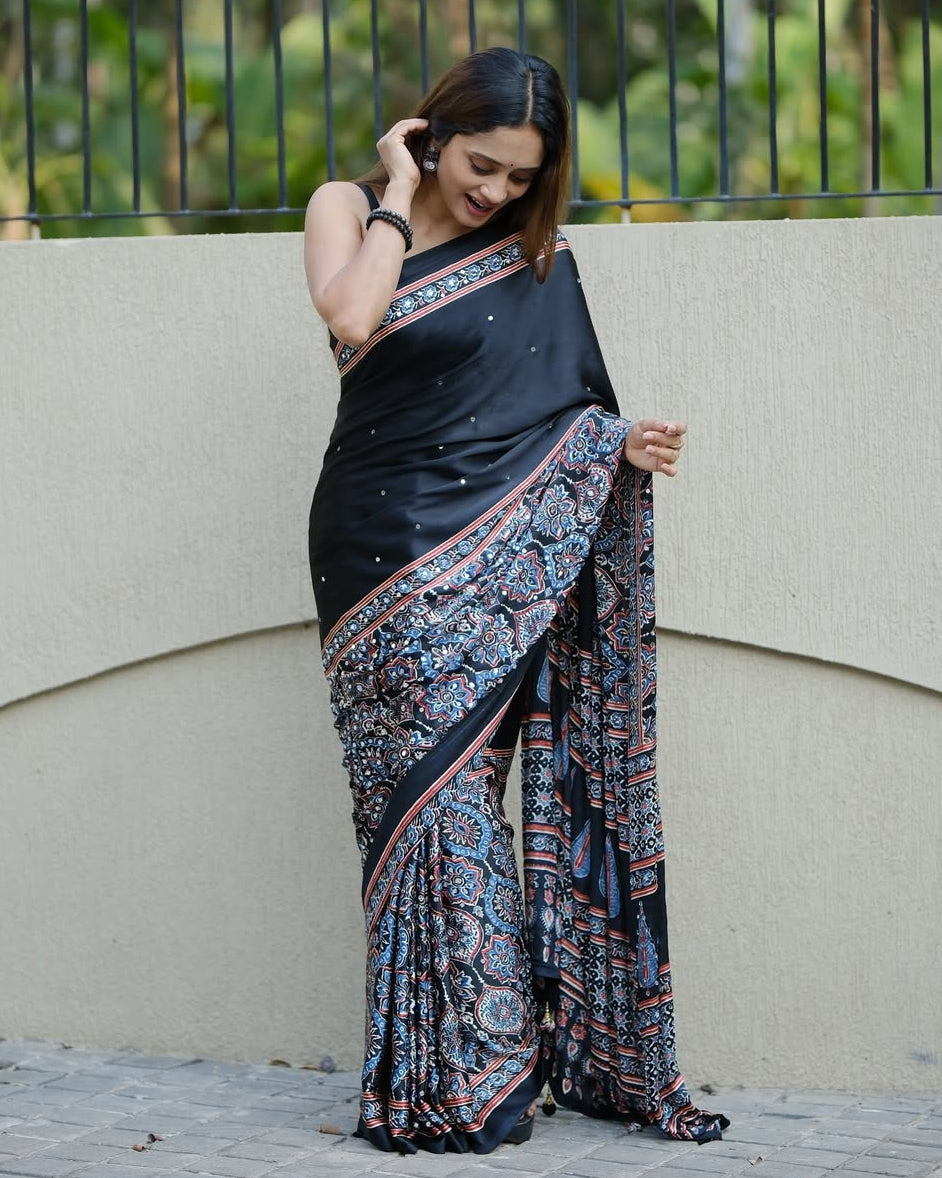 Black ajrakh printed modal silk saree with designer pallu attached blouse traditional ethnic festive office wear saree