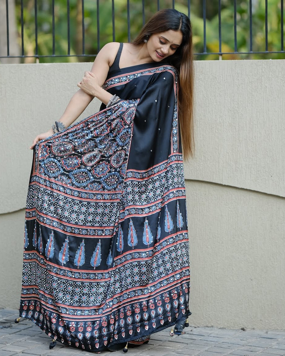 Black ajrakh printed modal silk saree with designer pallu attached blouse traditional ethnic festive office wear saree