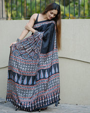 Black ajrakh printed modal silk saree with designer pallu attached blouse traditional ethnic festive office wear saree