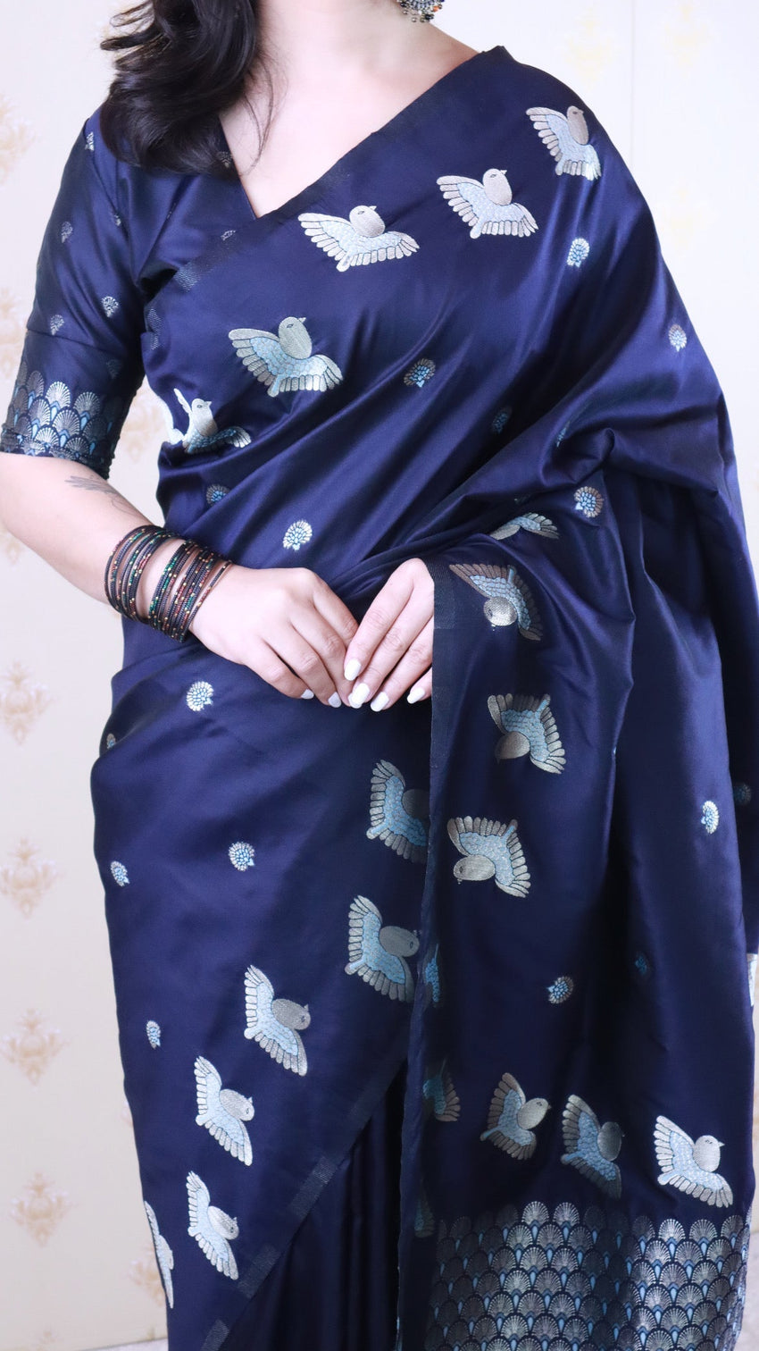 Navy blue soft silk dual zari woven saree with bird border