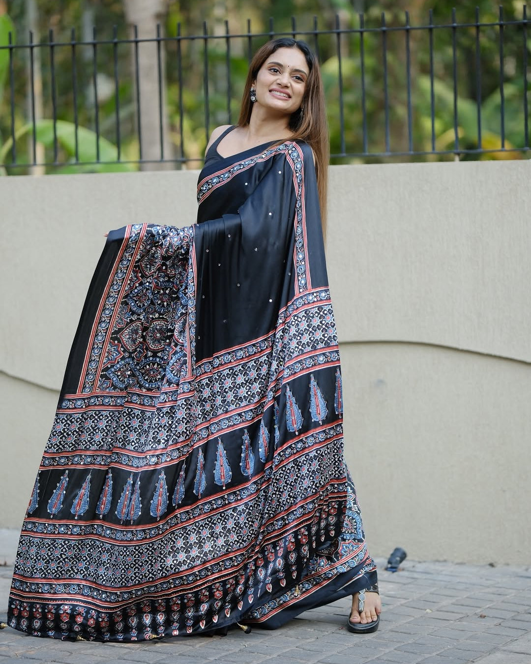 Black ajrakh printed modal silk saree with designer pallu attached blouse traditional ethnic festive office wear saree