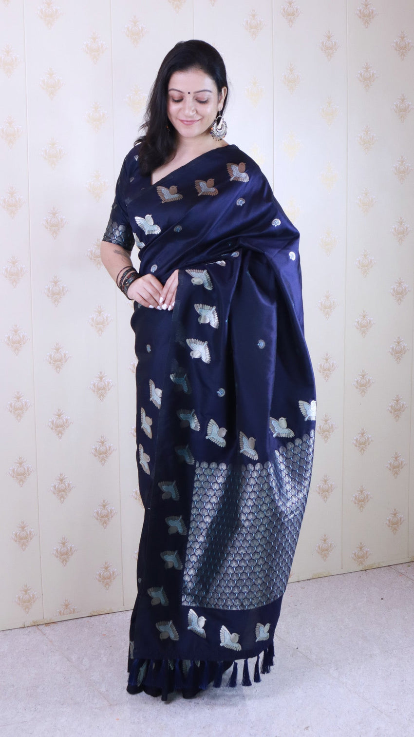 Navy blue soft silk dual zari woven saree with bird border