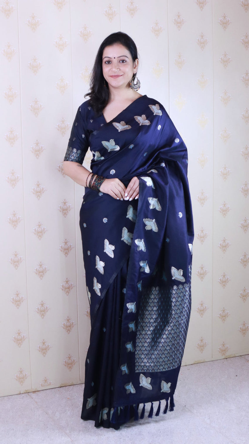 Navy blue soft silk dual zari woven saree with bird border