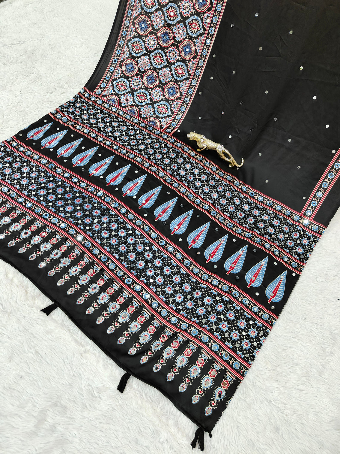 Black ajrakh printed modal silk saree with designer pallu attached blouse traditional ethnic festive office wear saree