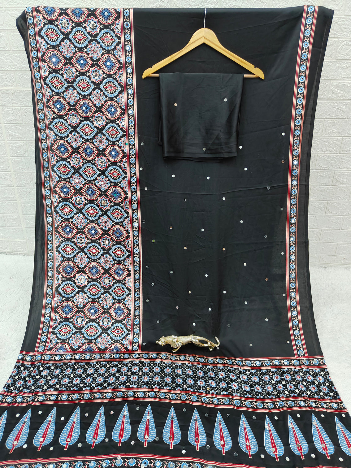 Black ajrakh printed modal silk saree with designer pallu attached blouse traditional ethnic festive office wear saree