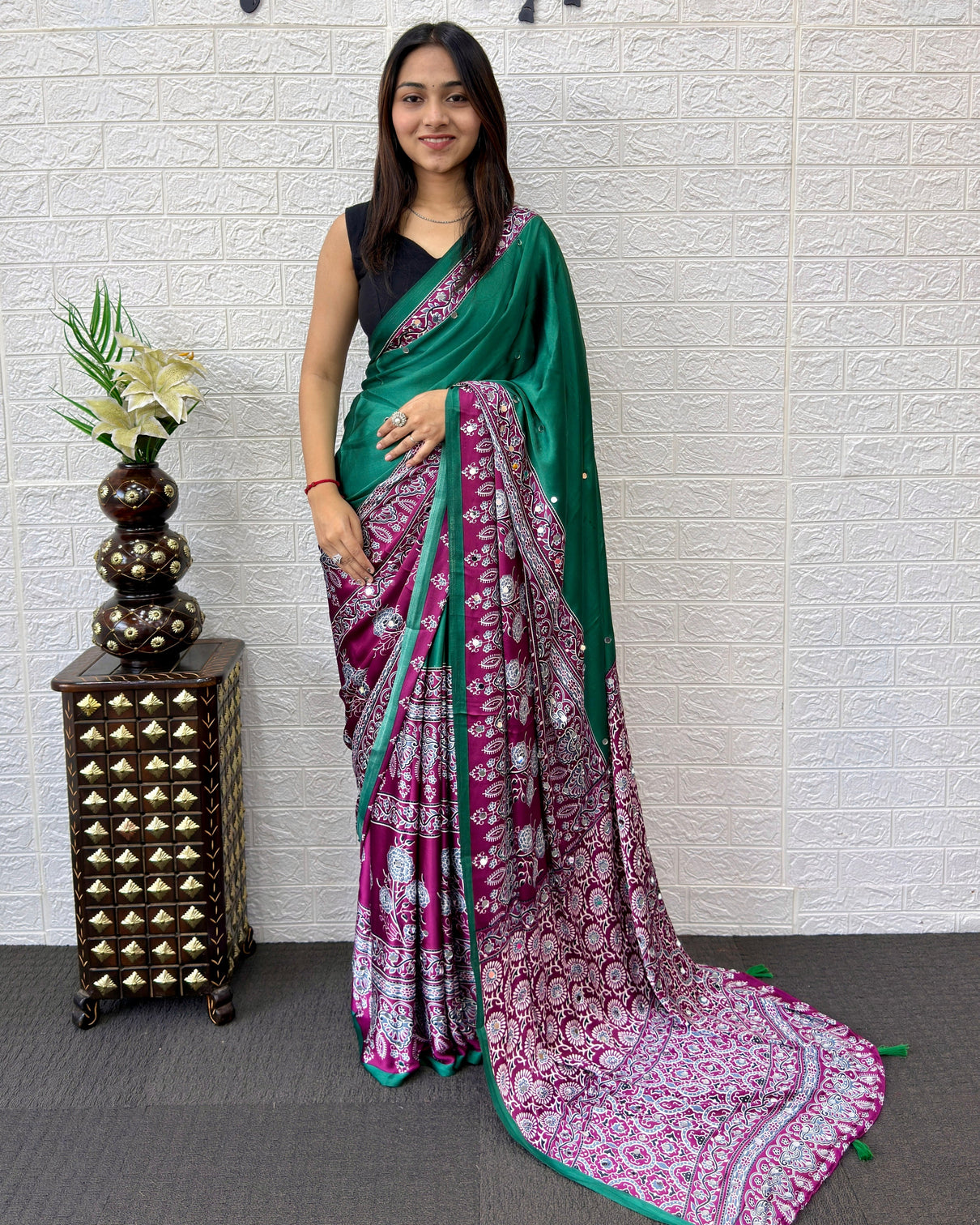 Emerald green ajrakh printed modal silk saree with designer pallu tassels traditional ethnic festive office wear saree