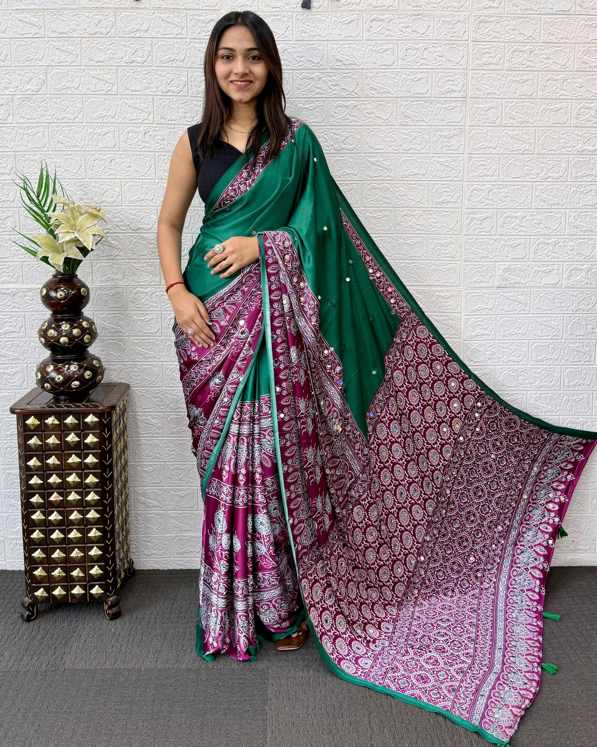 Emerald green ajrakh printed modal silk saree with designer pallu tassels traditional ethnic festive office wear saree mameraa